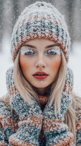 young blonde woman with long silver eyelashes covered in frost and ice crystals, icy makeup, blue eyes, and slightly flushed cheeks and nose from the cold, bright knitted sweater, hat