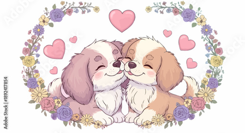 Cuddling Puppy Couple in Love with Floral Background