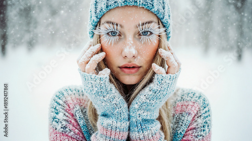 young blonde woman with long silver eyelashes covered in frost and ice crystals, icy makeup, blue eyes, and slightly flushed cheeks and nose from the cold, bright knitted sweater, hat