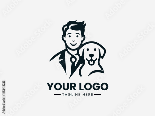 Owner and dog standing together representing trust companionship and strong emotional bond in black vector logo illustration