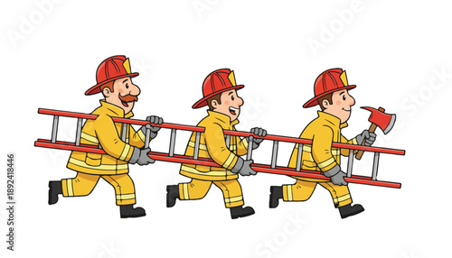 A fire brigade runs to a fire with a fire escape.Cartoon, footage, mockup,  Isolated on transparent background.