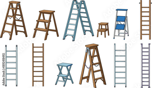 Ladder and step stool vector illustration set featuring wooden and metal climbing tools for home repair, construction, maintenance, and DIY work