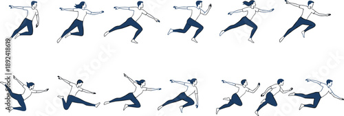 Running athlete motion sequence vector illustration set featuring sprinting man and woman poses, fitness training action frames, and sports movement collection