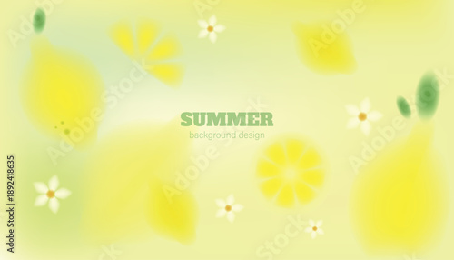 Blurred lemon banner. Citrus fruits. Colorful gradient background. Summer decoration, watercolor lemonade. Blur vibrant plants with flowers. Horizontal poster. Creative tropical vector illustration