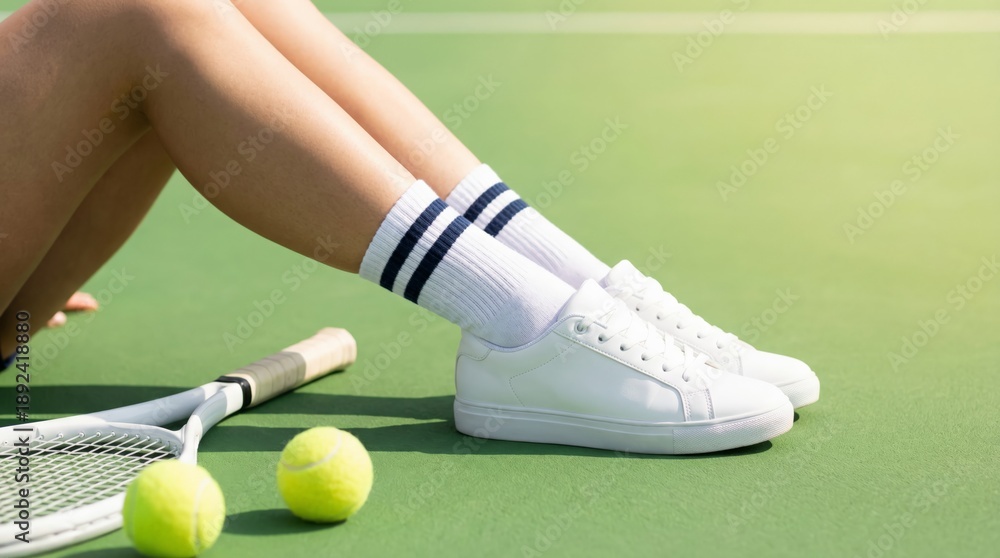 Naklejka premium Woman wearing white socks and sneakers sitting on a green tennis court, relaxing after a match with her racket and tennis balls beside her, showcasing a moment of break from active sports