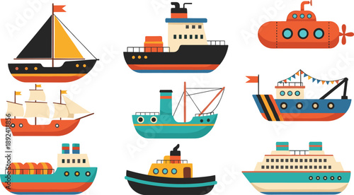 Boat and ship vector illustration set featuring cargo vessels sailboats submarines cruise liners fishing boats and maritime transport collection