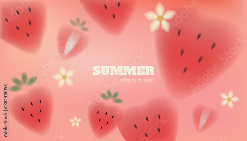 Blurred strawberry banner. Berry fresh. Colorful gradient background. Summer decoration, watercolor food. Blur vibrant plants with flowers. Horizontal poster. Creative tropical vector illustration