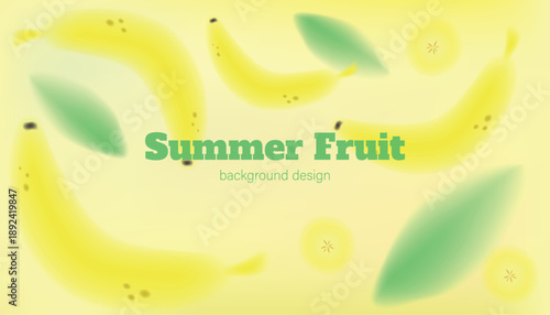 Blurred banana poster. Yellow fruits. Colorful gradient background. Summer decoration, watercolor style. Blur vibrant plants with flowers. Vertical banner. Creative tropical vector illustration