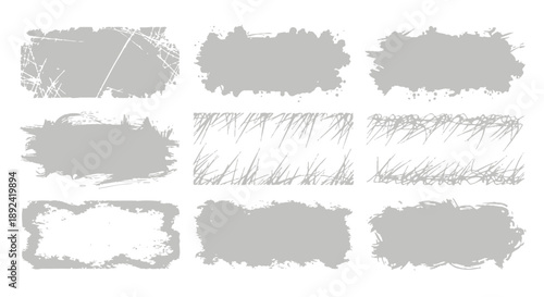 Grunge brush strokes and distressed rectangular frames vector collection set of abstract dirty ink splatter and scratch texture elements in gray