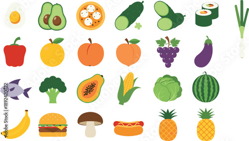 Food icon vector illustration set featuring fruits vegetables sushi fish burgers hotdogs eggs avocado watermelon pineapple and healthy ingredient collection