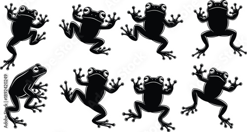 Tree frog silhouettes set in different poses isolated on white background wildlife amphibian collection