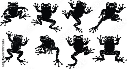 Tree frog silhouettes set with multiple dynamic poses isolated on white background amphibian wildlife collection