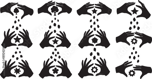Black silhouettes of hands releasing stars and dots illustration
