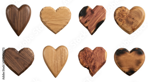 Wooden heart set including smooth, carved, charred, and grain textured variants isolated. Rustic decorative icons for valentines day and wedding design.