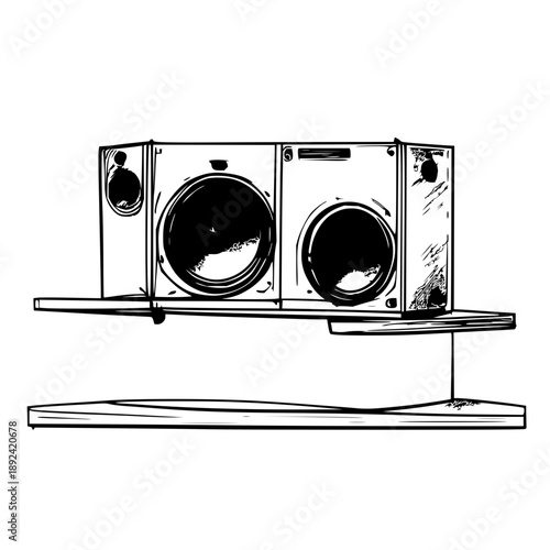 Luxury wireless bookshelf speakers on a modern minimalist shelf beside a glass coffee table in a sunny living room with warm wooden floor