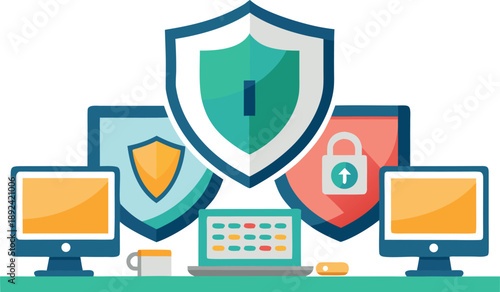 A secure school computer lab is protected by digital shields and robust firewalls, safeguarding student data.