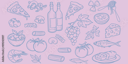 Drawn Italian Food Icons Pasta, Pizza, Cheese, Tomatoes, Grapes, Fish, and Wine