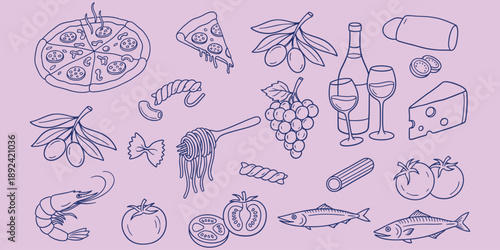 Charming hand-drawn Italian and Mediterranean food icons set. Featuring pasta, pizza, olives, cheese, wine, and fresh produce, ideal for menus, print, and culinary designs