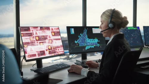 Wallpaper Mural Female Airport Dispatcher in Headset Monitors Runway Maps as Cyberattack Alerts Shown on Screens, Icon Show Ransomware Virus, Operational Disruption, Control Tower Hacking Torontodigital.ca
