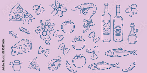 Delicious Hand-Drawn Italian Food and Drink Icons A Mediterranean Feast for Your Designs