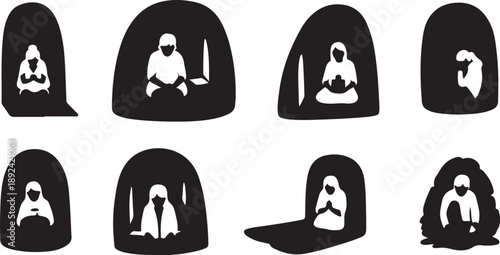 Various silhouettes of people in hooded figures meditating peacefully