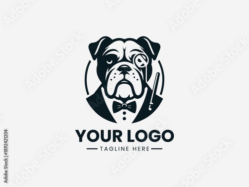 Stylish gentleman bulldog wearing suit and hat representing confidence class and modern mascot identity in black vector logo illustration