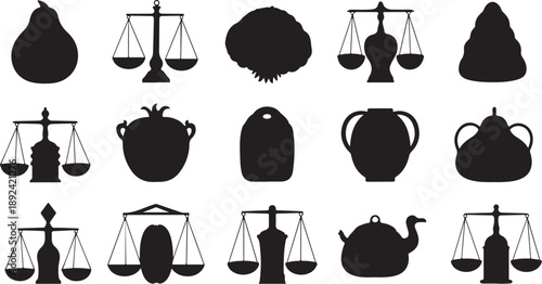 Black silhouettes of scales and various objects on white