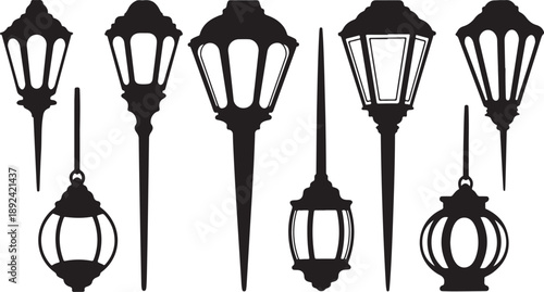 Black Silhouettes of Various Street Lamp Post Designs Collection