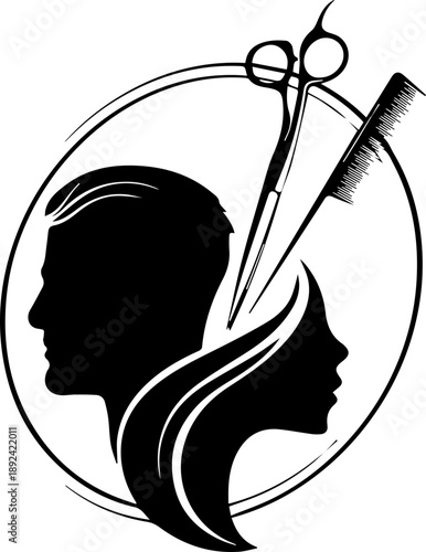 Hair salon logo with male and female silhouettes scissors and comb vector illustration for branding and design