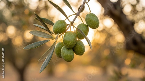 Close-up of fresh green olives and leaves on a branch of an olive tree, illuminated by the warm golden light of sunset.