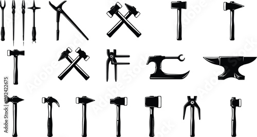 Blacksmithing tools silhouette set including hammers, tongs, chisels, and anvil for forging, metalworking, craftsmanship, and industrial illustration vector