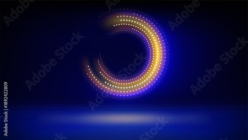 Futuristic technology stage blue background. Round orange dotted led, neon glow, grid floor. Abstract background for displaying products presentation, advertising. Tech backdrop. Showcase. Vector
