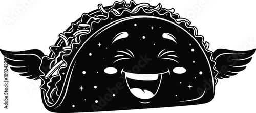 Happy flying taco with wings - kawaii food illustration