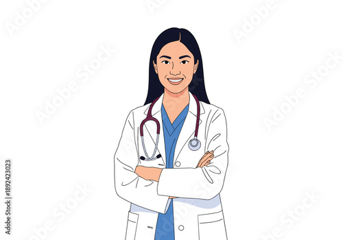 Smiling female doctor in a white lab coat and stethoscope, standing confidently with arms crossed. Professional healthcare worker vector illustration