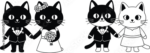 Cute cat couple wedding illustrations in tuxedos and dresses