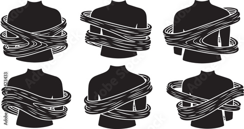 Silhouette of torsos bound with ropes in various positions