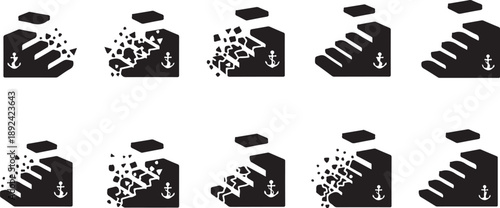 Black and white icons of hands holding boxes falling