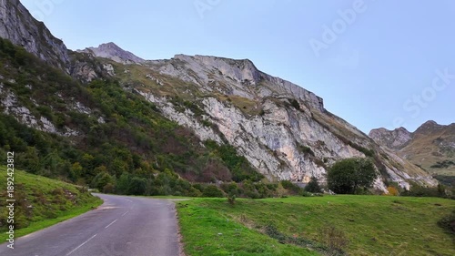 Driving up the Col d'Aubisque, France. Mountain pass in the French Pyrenees massif, symbol of the Tour de France in Bearn, France