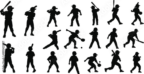Silhouette children playing baseball in dynamic poses including batting, pitching, catching, and running for sports, youth, athletic, and educational illustration