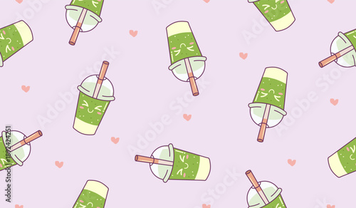 Cute matcha latte seamless pattern background