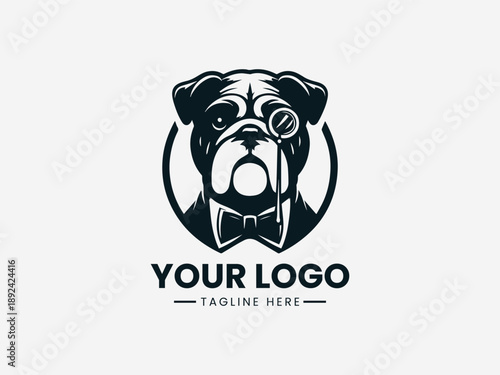 Stylish gentleman bulldog wearing suit and hat representing confidence class and modern mascot identity in black vector logo illustration