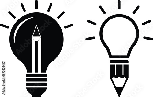 Light bulb and pencil icon. Creative Idea concept symbolizing the vector spark of innovation and the process of creative writing or design. Brainstorming and education.