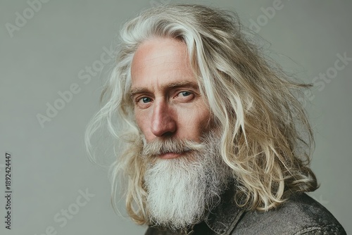 Elderly Caucasian man with long white hair and beard poses against a neutral background, showcasing a thoughtful expression and distinct facial features
