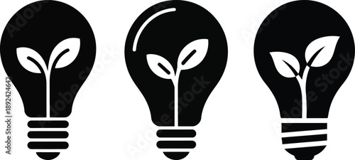 Light bulb icon silhouette for eco friendly innovation and sustainable idea concept. Flat icon design growing plant sprouts symbolizing green energy sustainable innovation and the growth of business.