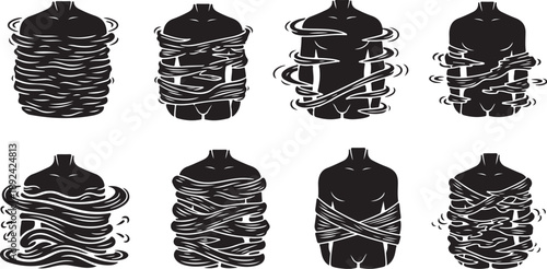 Black and white torso illustrations with bound ribbons designs