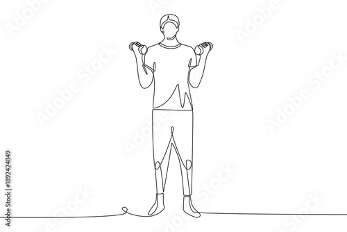 Man lifting dumbbells. Home fitness routines concept one-line drawing