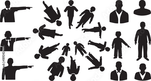 Black silhouettes of people in various dynamic poses and actions