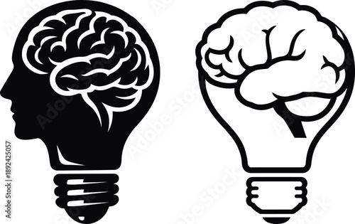 Light bulb icons symbolizing intelligence creative thinking problem solving vector. Human brain and head Silhouette for psychology neurology education and innovative ideas.
