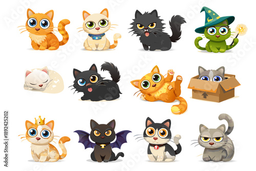 Cute cartoon cat character set with big eyes, fluffy tails and varied poses plus costumes: sleeping, playful, grumpy, in box, with crown, bat wings, collar and wizard hat. Flat vector style.