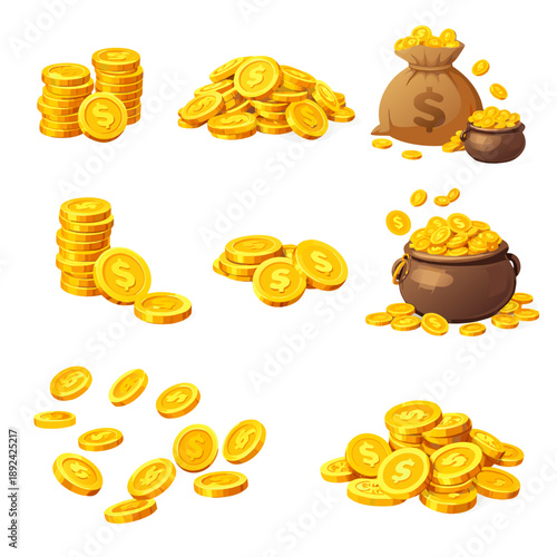 Cartoon set of gold coins, stacks and money bags with dollar symbol, including falling coins and treasure pot. Ideal for finance, savings, wealth, reward and jackpot themes.
